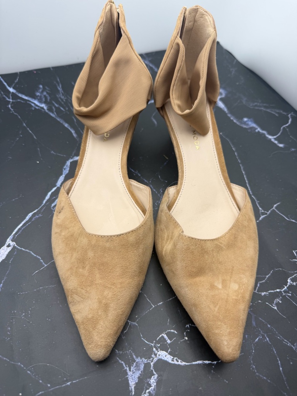 Pointed Toe Ankle Wrap heels  in Camel